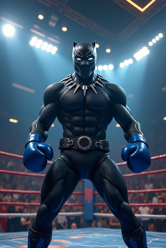a boxing ring, siêu anh hùng marvel, black panther , wearing blue boxing gloves