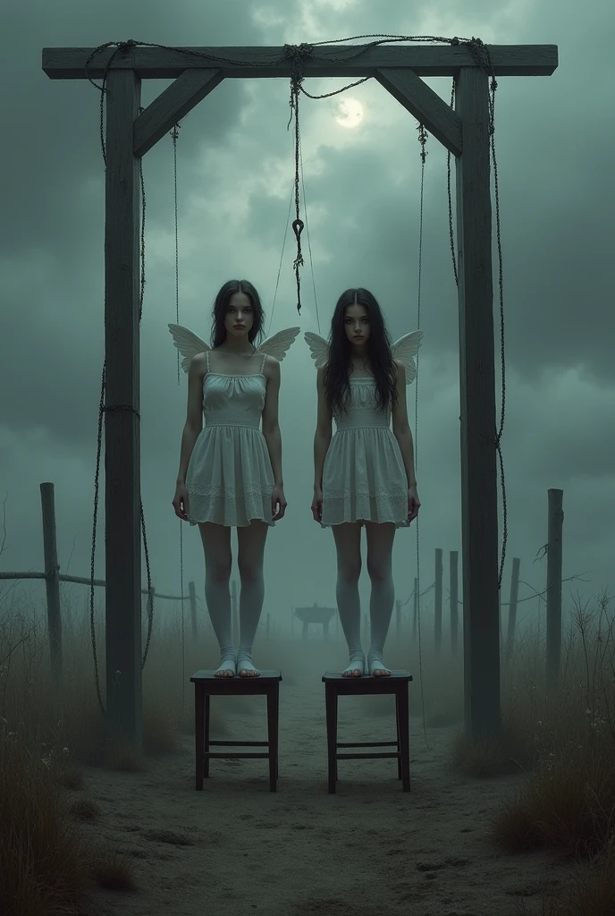 Scene Two Girls in White Thigh High Stockings Hanged, gallows, stand on chair 