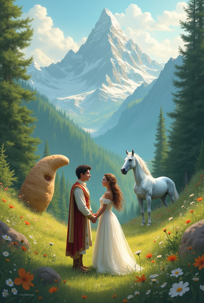 Love girl and boy in mountain view
Trees, hill , flowers, big potato , girl in white dress, boy are prince, horse , magical world ,
Pales