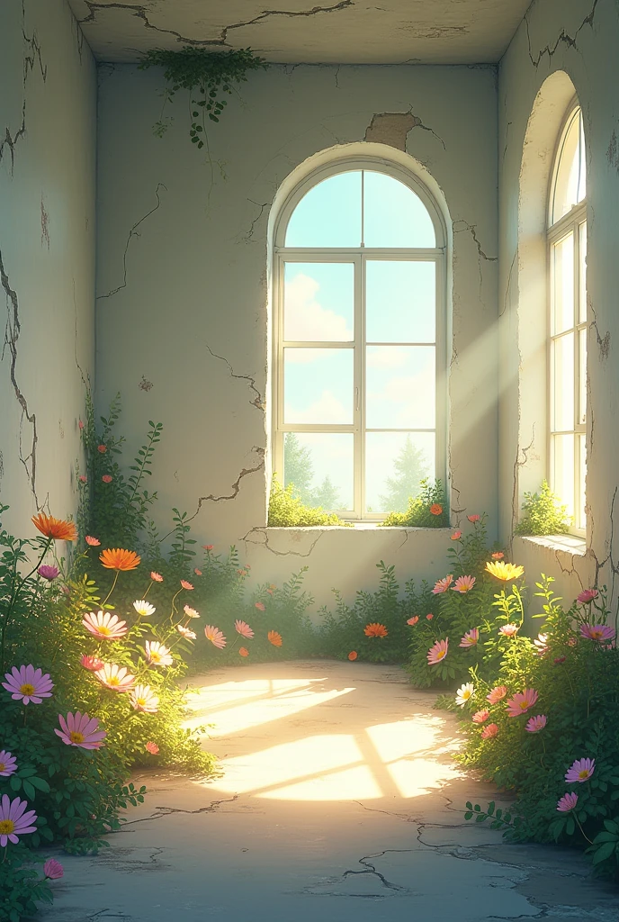 Inside the abandoned room、The walls are collapsing、White Room、The morning sun is shining and it's bright、Beautiful flowers on the ground and walls々is blooming、There is no one、front、high resolution、Makoto Shinkai style