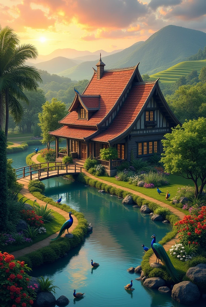 A big roof tiled house with greenery beside river with wooden bridge and birds and parrots and peacocks beside river ona village near hill with sunrise