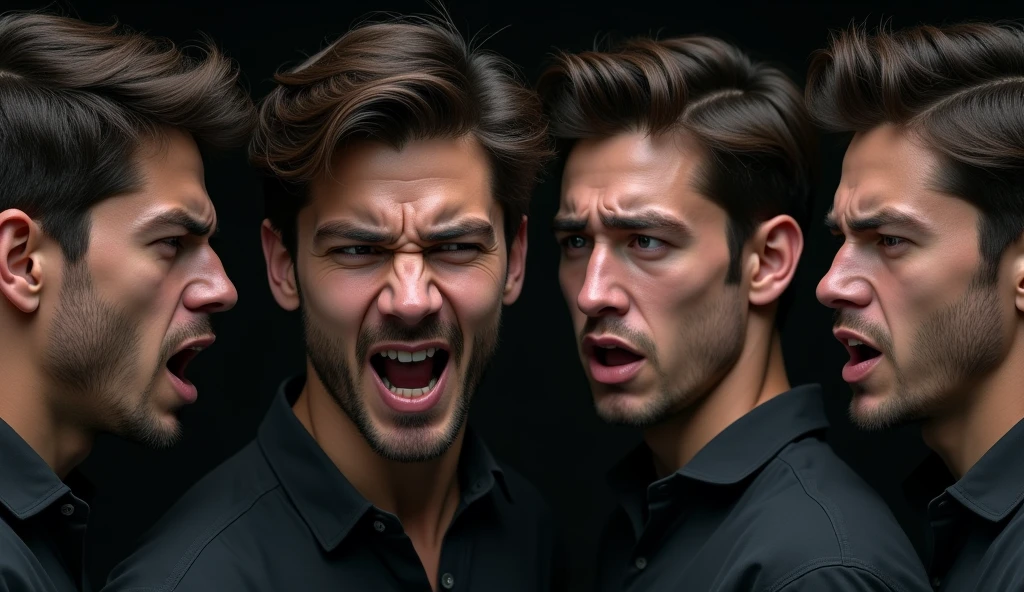 Create 4 2 good looking boys with some face standing expressing different emotions, 1 is Anger, 1 is disgusted, 1 is joy, 1 is stressed, 1 character in multiple personalities, 8k very ultra realistic, cinematic vibe ,