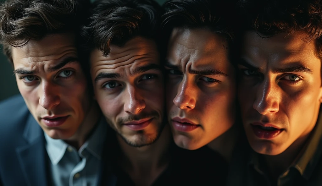 Create 4 2 good looking boys with some face standing expressing different emotions, 1 is Anger, 1 is disgusted, 1 is joy, 1 is stressed, 1 character in multiple personalities, 8k very ultra realistic, cinematic vibe ,