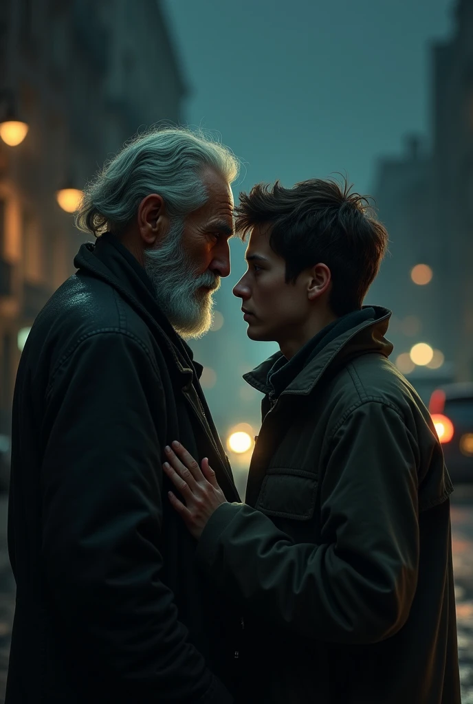 Old man and young man interact at night