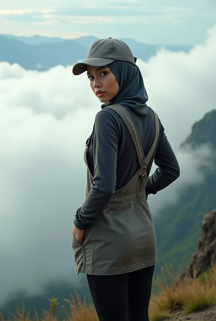 full-body portrait photograph of a young java woman hijab with polo Cap, wearing pinafore with tight-fitting , hotpant with leggings, oversized_breasts.", she is hiking, in a unique, photoshot model, ((in sea of clouds over the mountain))), pullover, highres, 4k, HDR, 1girl, photorealistic, realistic, big booobs, turning away facial at viewer, closeup