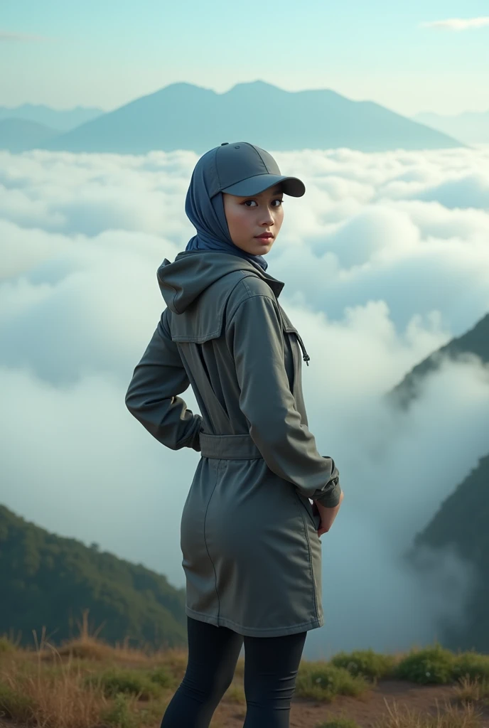 full-body portrait photograph of a young java woman hijab with polo Cap, wearing pinafore with tight-fitting , hotpant with leggings, oversized_breasts.", she is hiking, in a unique, photoshot model, ((in sea of clouds over the mountain))), pullover, highres, 4k, HDR, 1girl, photorealistic, realistic, big booobs, turning away facial at viewer, closeup