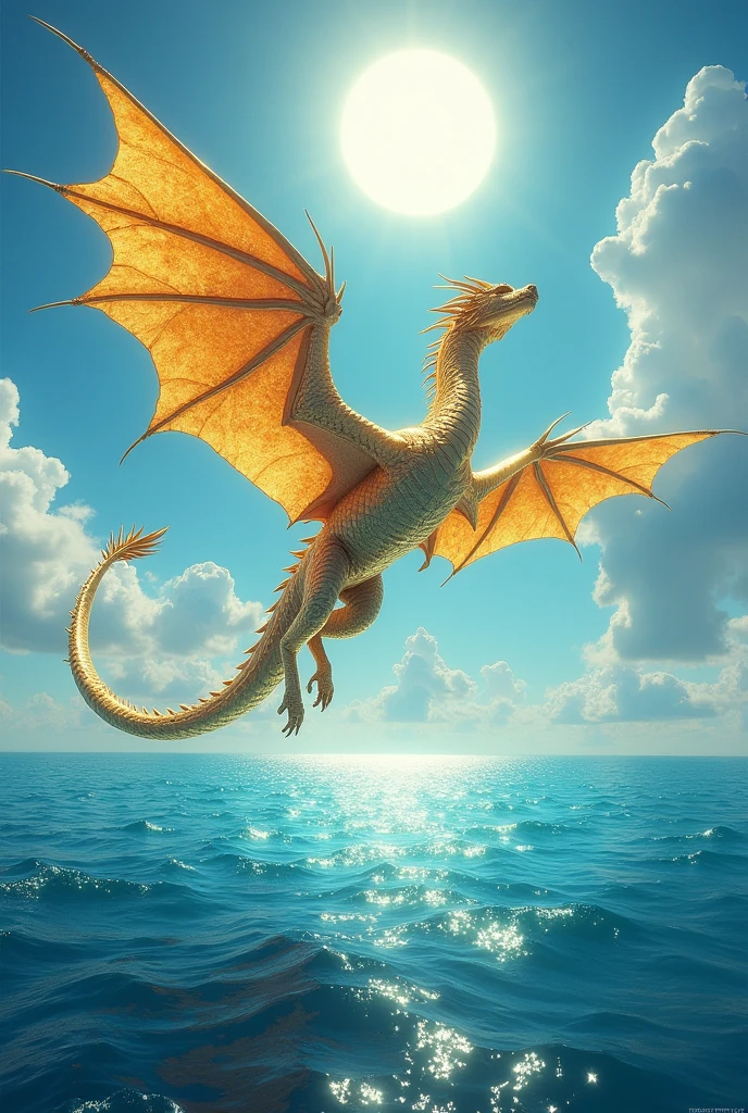 Metallic Golden Dragon, large wingspan, flies over the azure ocean, noon, The White Sun