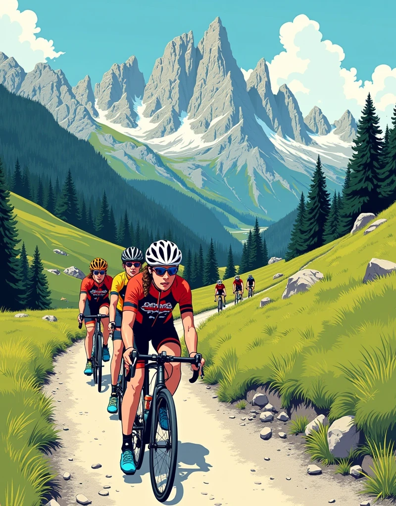 Color comic illustration with Herge's Tintin Comic style of Gravel Bicycle Female Cyclists climbing up hill ride at dolomiti track, breath taking landscape, ultrasharp, shallow depth of field