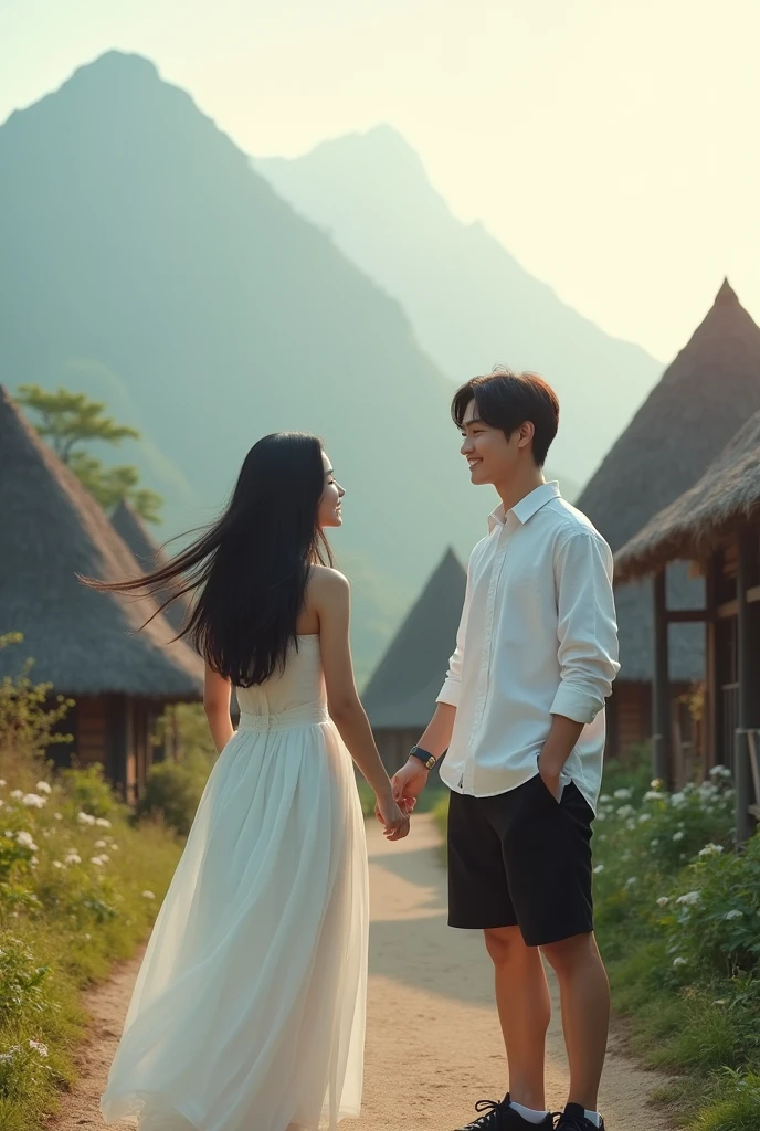 
a beautiful woman with long flowing black hair, smooth and soft, a naturally beautiful face with brownish eye corneas, wearing a long elegant and charming dress, smiling sweetly standing facing the camera, the charm of a beautiful Korean woman with a naturally beautiful face, standing and smiling at her, a handsome Korean man long hair, wearing a white shirt, black shorts and sneakers, a backdrop of beautiful natural charm in a Wae Rebo village with typical buildings made of thatch and cone-shaped down to the ground, pristine nature and a stunning mountain backdrop which is shrouded in fog in the morning, the morning sunlight penetrates the fog adding to the beauty, very realistic, cinematic