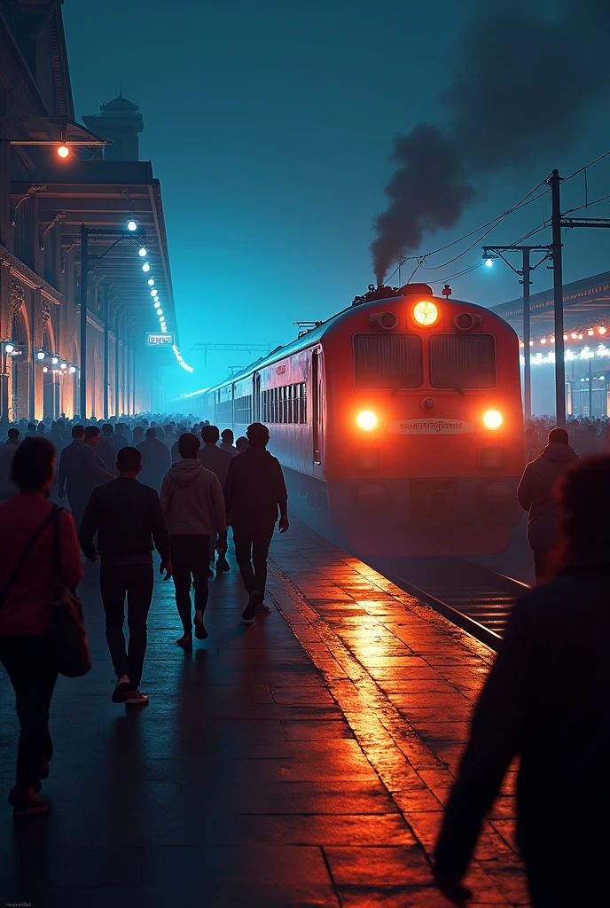 Vande bhart train in howrah station at night people walking on platform blue
and red light