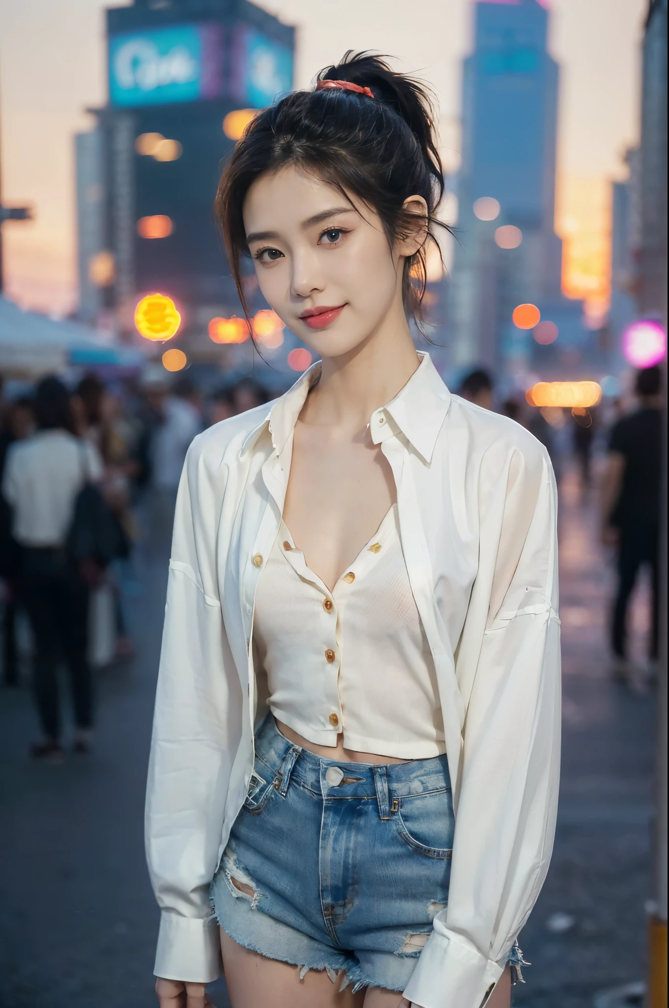 (((best quality))),(((ultra detailed))),(((masterpiece))),illustration,((1 beautiful girl,solo)),((short half ponytail,short hair)),(fair skin:1.3),(detailed eyes:1.3),(smile:1.3),((slim,thin)),((small breasts,flat chest)), (oversize white collared sleeved shirt:1.3),(((open shirt,unbutton))),(micro denim shorts:1.2),(slender legs:1.2),(standing:1.3),((vibrant colors, soft glow)), (active and healthy lifestyle,youthful charm),((on the street,cyberpunk city, towering skyscrapers)),(warm sunset glow:1.3),(detailed background:1.3),((vivid neon signs, holographic advertisements, electric atmosphere)),(outdoor:1.3),((summer,dusk scene)),((from front,upper body))