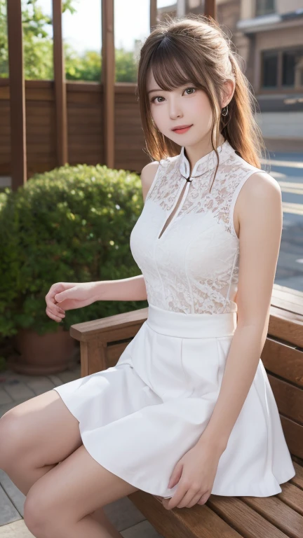 Realistically, Blonde, Brown eyes, Glowing Eyes, White Skirt, Extra Skirt, blush, Daytime, Raindrops, China dress dress, China dress, Sleeveless shirt, share, Embarrassing, Sit with your knees raised, the wind is strong, my,  Highest quality, High resolution, Highly detailed face, Perfect lighting, Most detailed , Perfect hands, Perfect Anatomy, Wind blow skirt up, Small breasts , Random cute poses , Big eyes