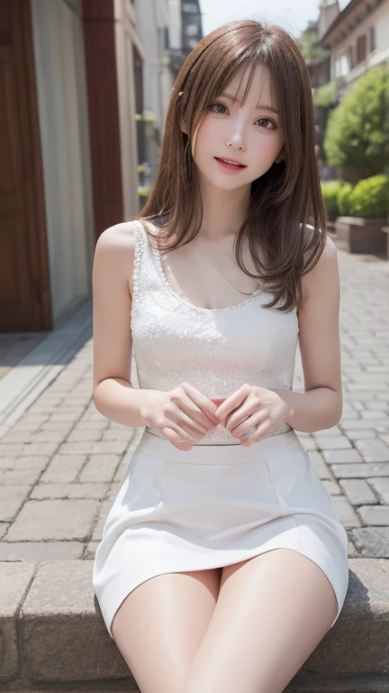 Realistically, Blonde, Brown eyes, Glowing Eyes, White Skirt, Extra Skirt, blush, Daytime, Raindrops, China dress dress, China dress, Sleeveless shirt, share, Embarrassing, Sit with your knees raised, the wind is strong, my,  Highest quality, High resolution, Highly detailed face, Perfect lighting, Most detailed , Perfect hands, Perfect Anatomy, Wind blow skirt up, Small breasts , Random cute poses , Big eyes
