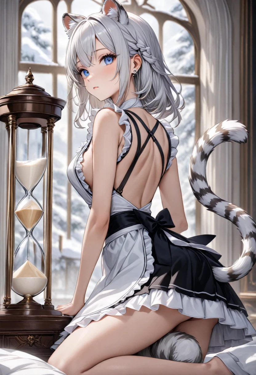 highest quality, ultra high resolution, super detailed, gorgeous, masterpiece, best quality, high resolution finely detailed, extremely beautiful, distinct image, hourglass figure, 1 girl, 2, (front-view), (side-view), soft and beautiful facial features, symmetrical face, simple sleeveless black frilly dress that clings tightly to her body, white waist apron, piercing blue eyes, innocent doe shaped eyes, well endowed breasts, tall height(190cm), slim and slender curvy body, athletic and flexible physiques, flowing snow-white hair, narrow waist, long legs, opulent bedroom background, snow-white skin, hip-level shot, snow-white feline tiger ears, white striped tiger tail protruding out her back, front-view,