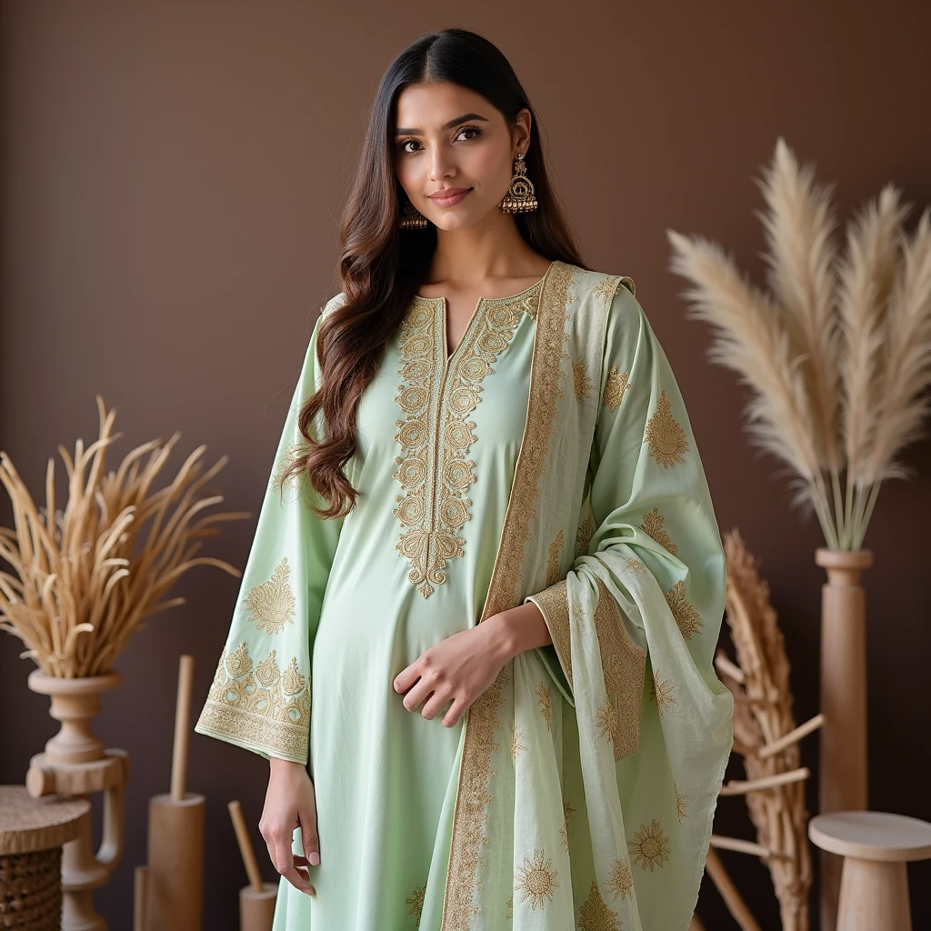 young woman wearing a sapphire unstitched lawn suit. The outfit consists of a green kurta with intricate gold embroidery on the neckline and sleeves and small floral pattern on whole kurti. The kurti is paired with a pair of matching trouser, flared style. The dupatta is draped over the woman one shoulder and has a light golden embroidery with a floral motif. She has long silky open hair. The woman is standing in front of a plain brown studio background and is looking directly at the camera with a beautiful face having smile. There some different kind of wooden pieces placed in background.