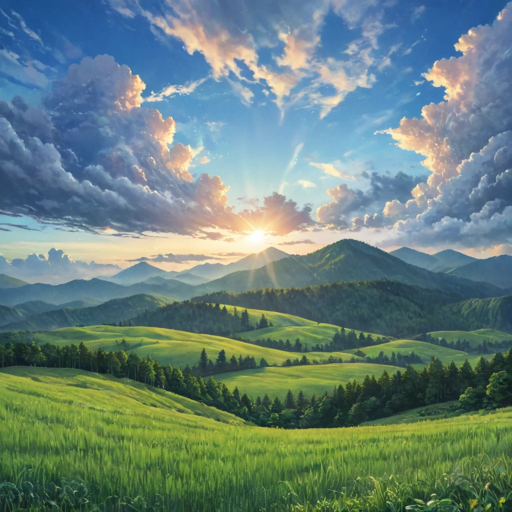 Anime Style，evening，Evening sky，Mountain々，Surrounded by clouds，Green fields and forests，Beautiful sky，Beautiful views