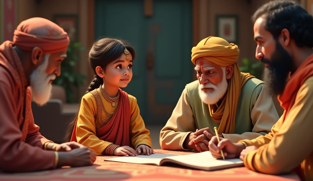 A Marwari child learning business skills at a young age, surrounded by family members in a traditional setting.