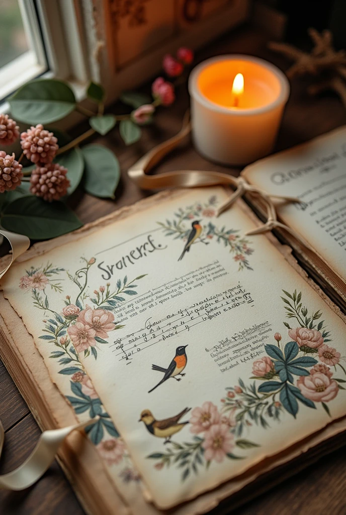 a collection of vintage-style papers and objects arranged on a wooden surface. Among the elements are handwritten notes, printed illustrations of flowers and birds, musical notations on a sheet, an open book with text, a lit candle, and ribbons. The overall arrangement exudes an artistic and nostalgic vibe, suggesting an interest in scrapbooking or creative journaling.