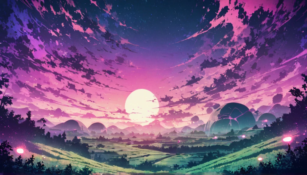 Strange alien landscape, Twin Suns, Atmospheric colors, fields, Background tree々, Dense foliage, animal, Picturesque, photograph, Synthwave