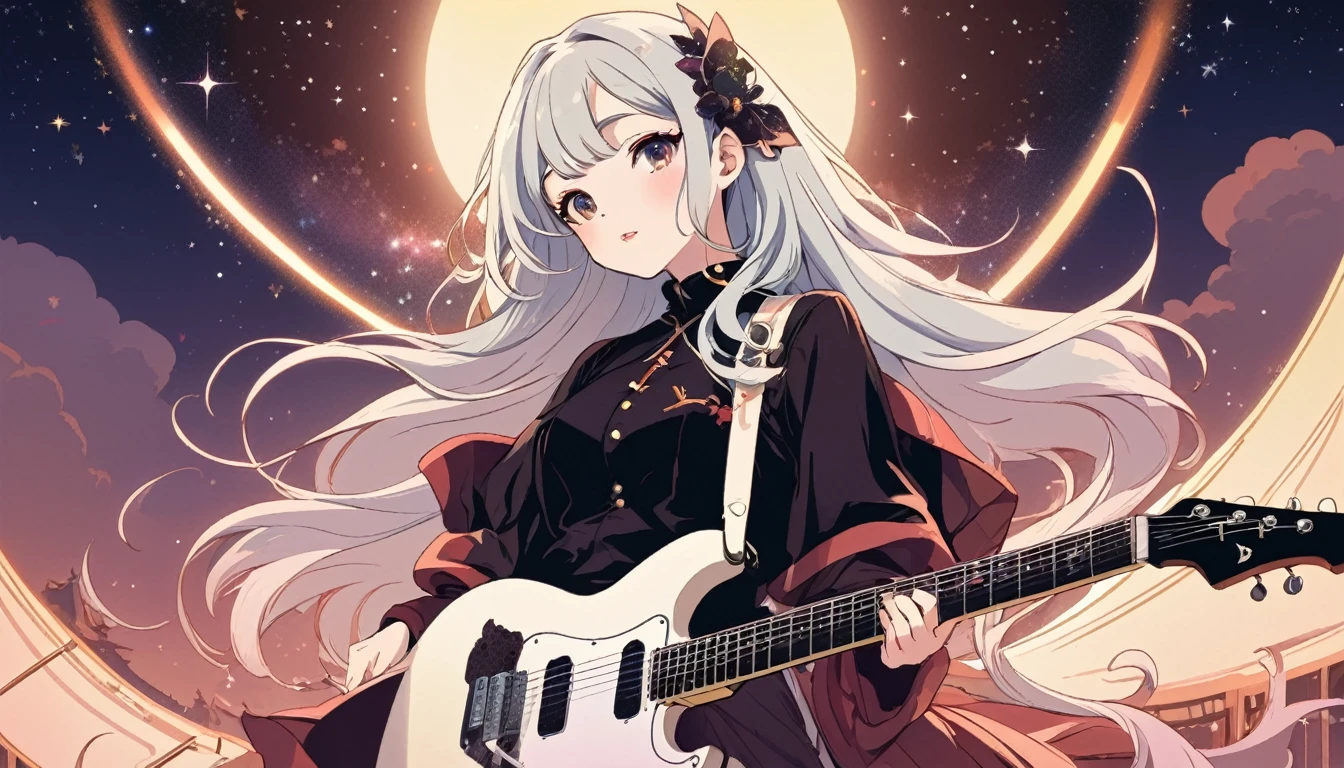 Electric guitar、Beautiful sexy courtesan、Wide-angle lens, Lofi Anime, Lofi illustration, Aesthetic atmosphere, Lo-Fi Style, Vector art, Flat Design, Simple shape, Warm tones, Pleasant atmosphere, Chill, In anime style, Digital drawing, Vector art, Vector logo for t-shirt printing, (Adorable:1.5), (small:1.4), (Playful:1.2), (soft:1.3), (Whimsical:1.1), masterpiece, Highest quality, 8k, Intricate details, grow, Celestial, Mysterious, Picturesque, amazing, Majestic, Magic, Fantasy art, Cover art, dream-like