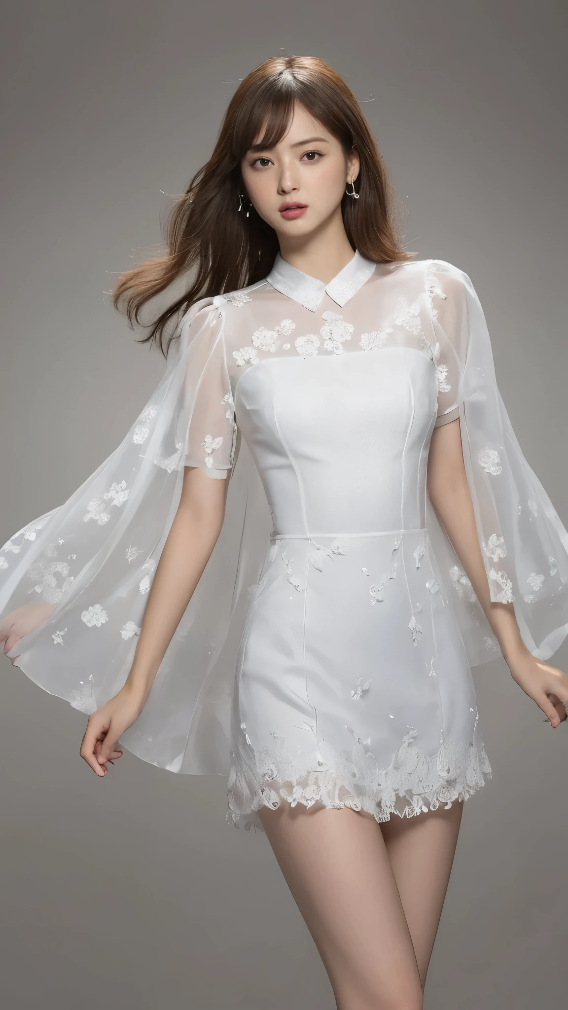 ((Best quality, 8K, Masterpiece:1.3, 1 girl, Beautiful girl)), Cute, Dynamism, Detailed face, Detailed skin, Detailed eyes, Detailed lips, Detailed fingers, Photorealistic, Raw photo, Natural lighting, dynamic pose, perfect anatomy, toned legs, round eyes, double eyelid, tear bags, moist lips, big breasts, (white hair), ((sheer:1.3, transparent dress)), looking at viewer, detailed clothes, long dress, outdoor, trees, autumn leaves, sky, cloud, cowboy shot, from front, (skirtlift), spreading legs, bangs, black panties, close up