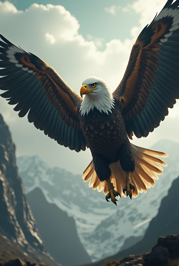 Create a 4k picture of bald eagle vs golden eagle make them look giant make them look real giants