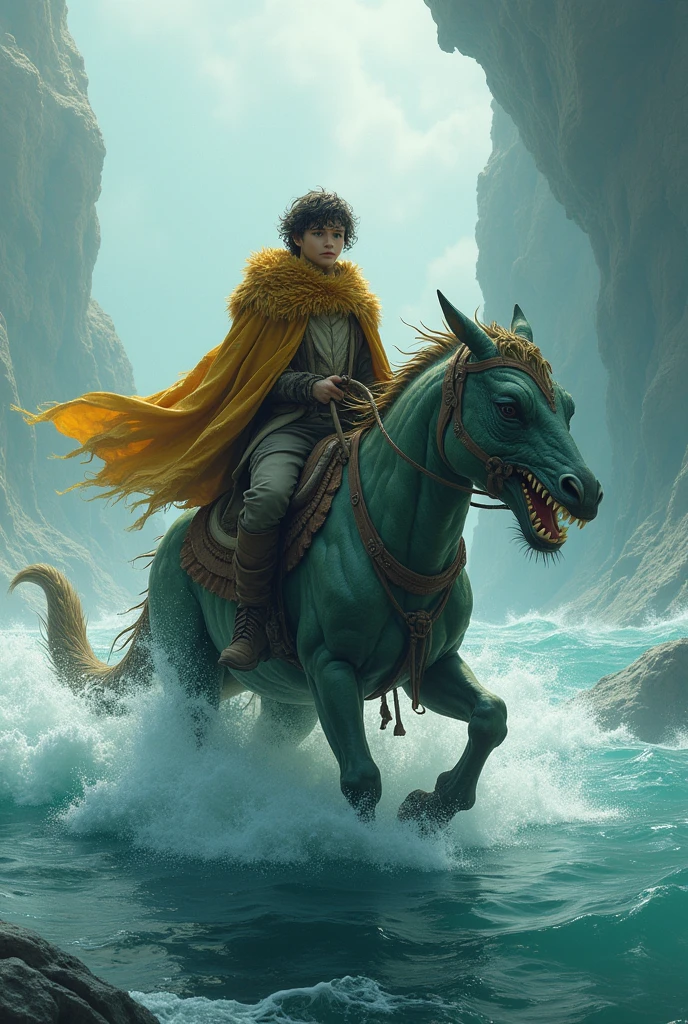 A  boy wearing a tiger skin like a hermit, riding on a horse with a dragon's head and a fish's tail with sharp fangs, running in the sea.