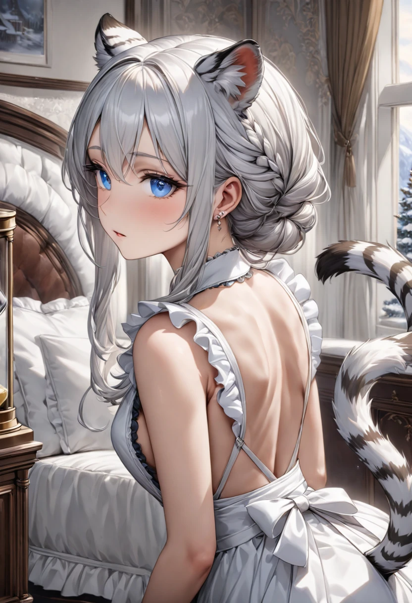 highest quality, ultra high resolution, super detailed, gorgeous, masterpiece, best quality, high resolution finely detailed, extremely beautiful, distinct image, hourglass figure, 1 girl, 2, (front-view), (side-view), soft and beautiful facial features, symmetrical face, simple sleeveless black frilly dress that clings tightly to her body, white waist apron, piercing blue eyes, innocent doe shaped eyes, well endowed breasts, tall height(190cm), slim and slender curvy body, athletic and flexible physiques, flowing snow-white hair, narrow waist, long legs, opulent bedroom background, snow-white skin, hip-level shot, snow-white feline tiger ears, white striped tiger tail protruding out her back, front-view,