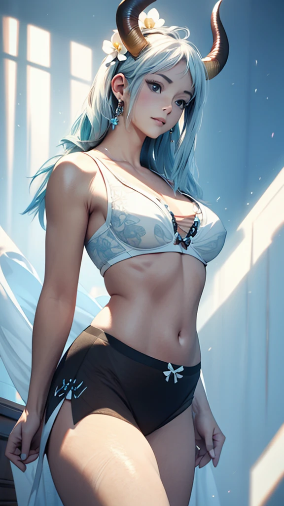 Official Art, Unity,8k wallpaper, Correct Anatomy，Very detailedな, Beautiful yet fleeting、((Two horns grow from the head))Japan、beautiful, masterpiece,((One Woman)) Highest quality,White flower, ((Large Breasts))Flower Ecstasy, Very detailed, Light blue hair、(())Dynamic Angle, (()), ((Black underwear))The most beautiful form of chaos, ((The body is slim)).elegant, Vibrant colors,(())