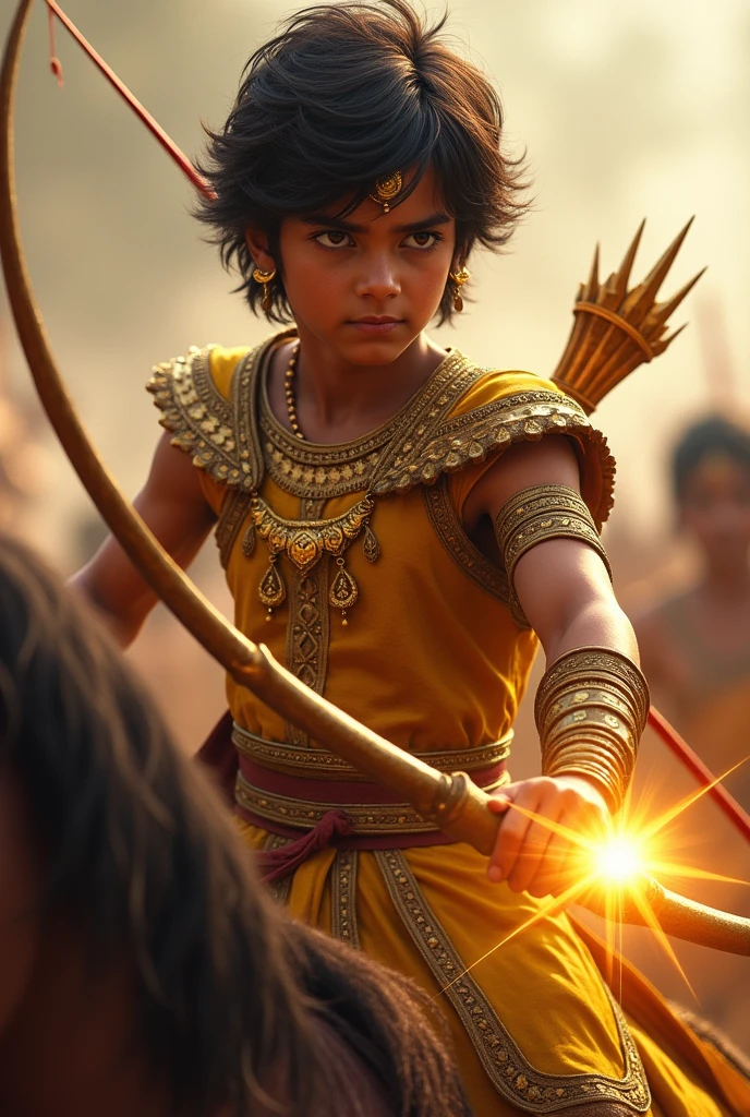 a Character of 12 year of boy- Mahabharata Arjuna,wearing his golden armor Kavach-kundal,hurly short hair,and holding a glowing astras, ready for battle, riding on the chariot, photo realistic , detailed