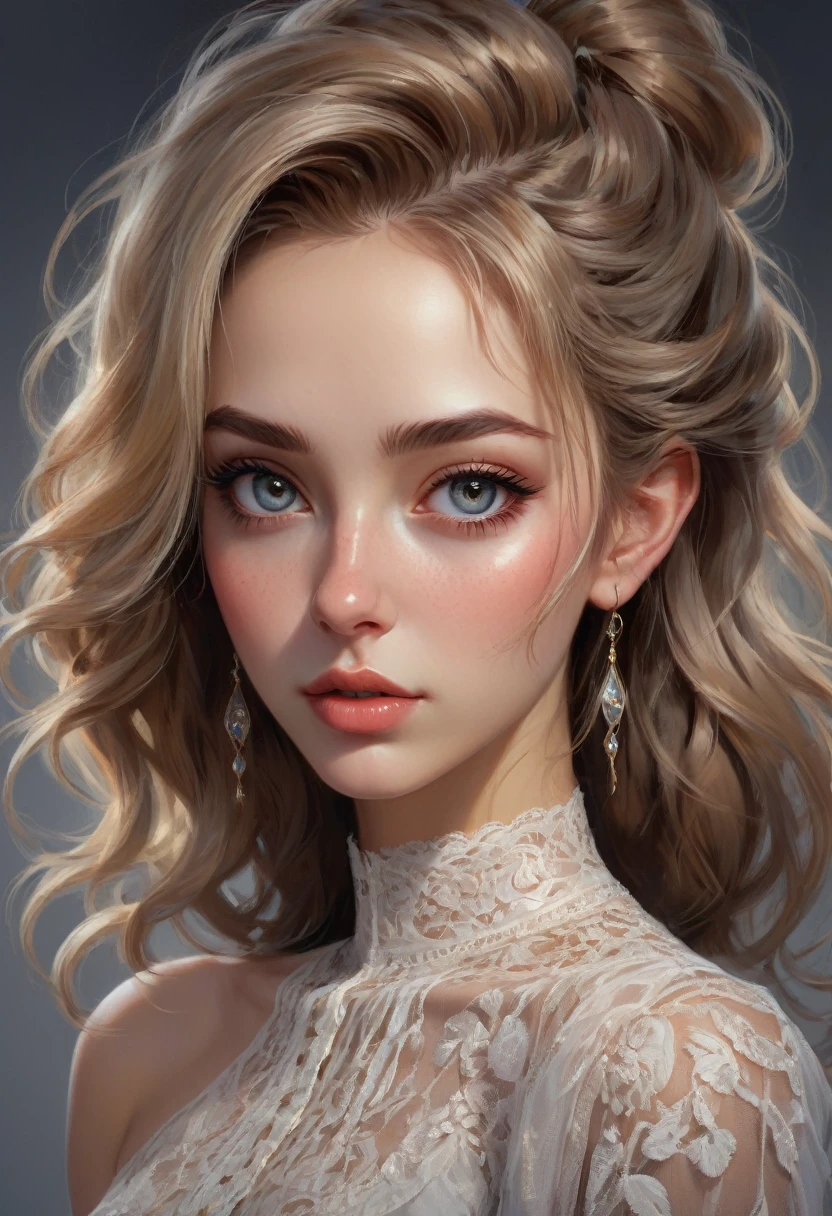 detailed character design sheet portrait of beautiful young woman, highly detailed facial features, large expressive eyes, long eyelashes, delicate lips, flawless skin, elegant hairstyle, detailed clothing, complex background, masterpiece, best quality, 8k resolution, ultra-detailed, professional, official art