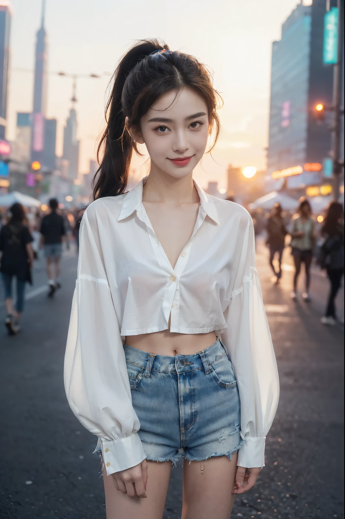 (((best quality))),(((ultra detailed))),(((masterpiece))),illustration,((1 beautiful girl,solo)),((short half ponytail,short hair)),(fair skin:1.3),(detailed eyes:1.3),(smile:1.3),((slim,thin)),((small breasts,flat chest)), (oversize white collared sleeved shirt:1.3),(((open shirt,unbutton))),(micro denim shorts:1.2),(slender legs:1.2),(standing:1.3),((vibrant colors, soft glow)), (active and healthy lifestyle,youthful charm),((on the street,cyberpunk city, towering skyscrapers)),(warm sunset glow:1.3),(detailed background:1.3),((vivid neon signs, holographic advertisements, electric atmosphere)),(outdoor:1.3),((summer,dusk scene)),((from front,upper body))
