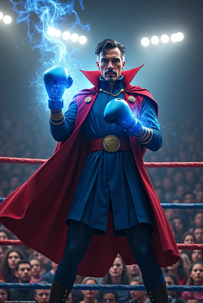 a boxing ring, siêu anh hùng marvel, docter strange , wearing blue boxing gloves