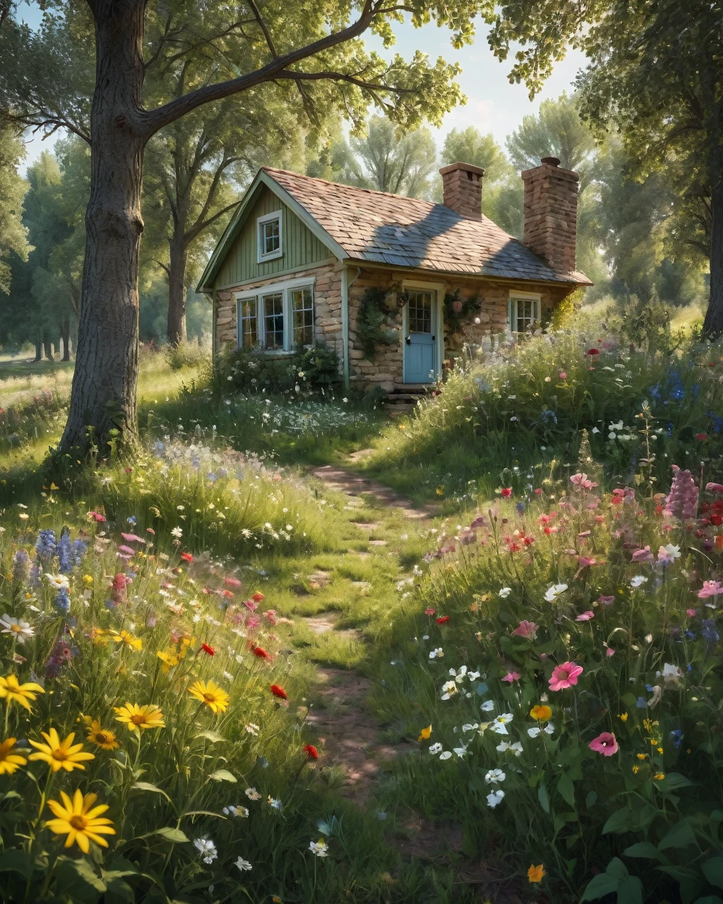 A meadow full of wildflowers Style - Petals, of different colors, By Lee Jeffries Nikon d850 film stock photos 4 Kodak portra 400 camera f1.6 lenses Rich colors Ultra-realistic Realistic textures Dramatic lighting Unreal Engine Trending on Artstation Cinestill 800Unded by Tall, Lush tree with new leaves々, A breeze blows through. In the distance, There (Cottage:1.3) And the river, masterpiece, 最high quality, high quality,
