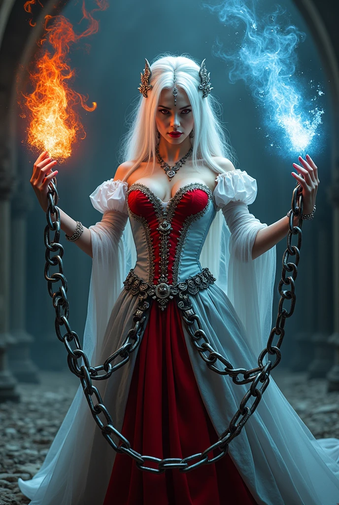 photo of a vampire queen, left hand grasp a chain with ice effect, right hand grasp a chain with fire effect, she wearing a victoria period with red and light blue color, long white hair, red eyes, the chain made from steel and it floating in the air, big chain, focus on chain