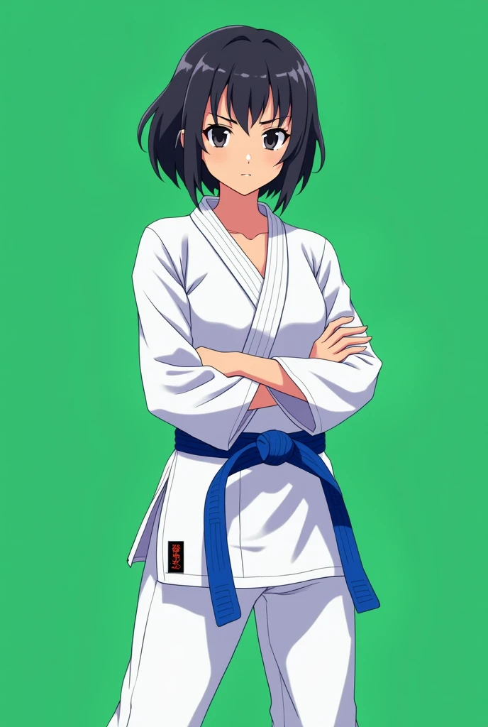 Full size A karate  girl in karate uniform in white dress and blue belt standing in straight Stance towards the screen and the background is green standing straight and full size image from hair to the feet of the girl in anime style