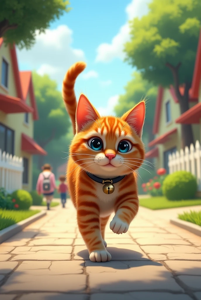 The cat is walking to school.