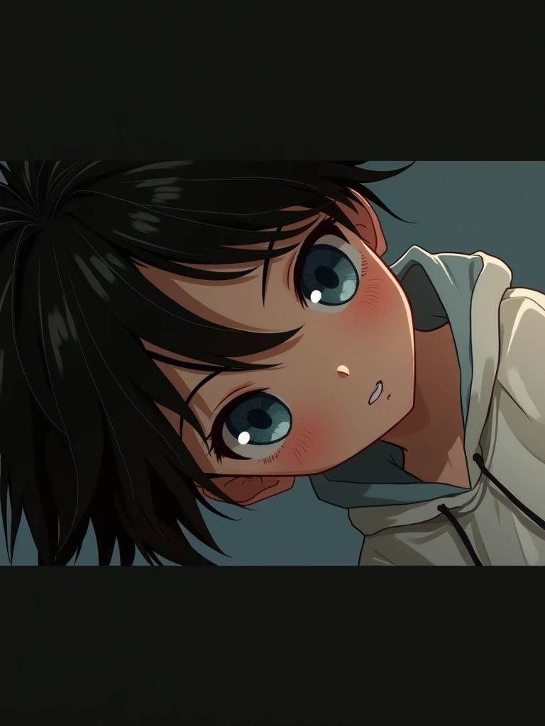 Create an anime style illustration. The character is in a chibi style. The character is a young man with short black hair and blue eyes. He is wearing a blue hoodie with a hood. The character has a slightly mischievous expression. He is smiling with one corner of his mouth turned up. The background is a simple light blue color.　whole body