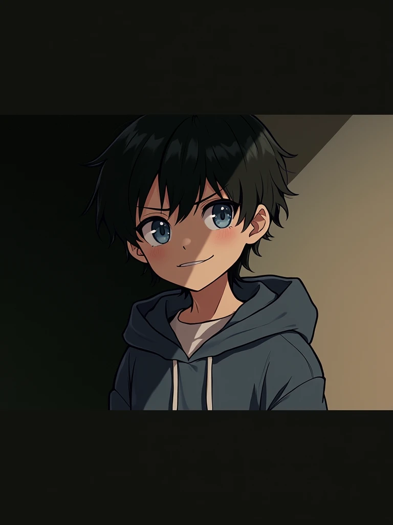 Create an anime style illustration. The character is in a chibi style. The character is a young man with short black hair and blue eyes. He is wearing a blue hoodie with a hood. The character has a slightly mischievous expression. He is smiling with one corner of his mouth turned up. The background is a simple light blue color. whole body