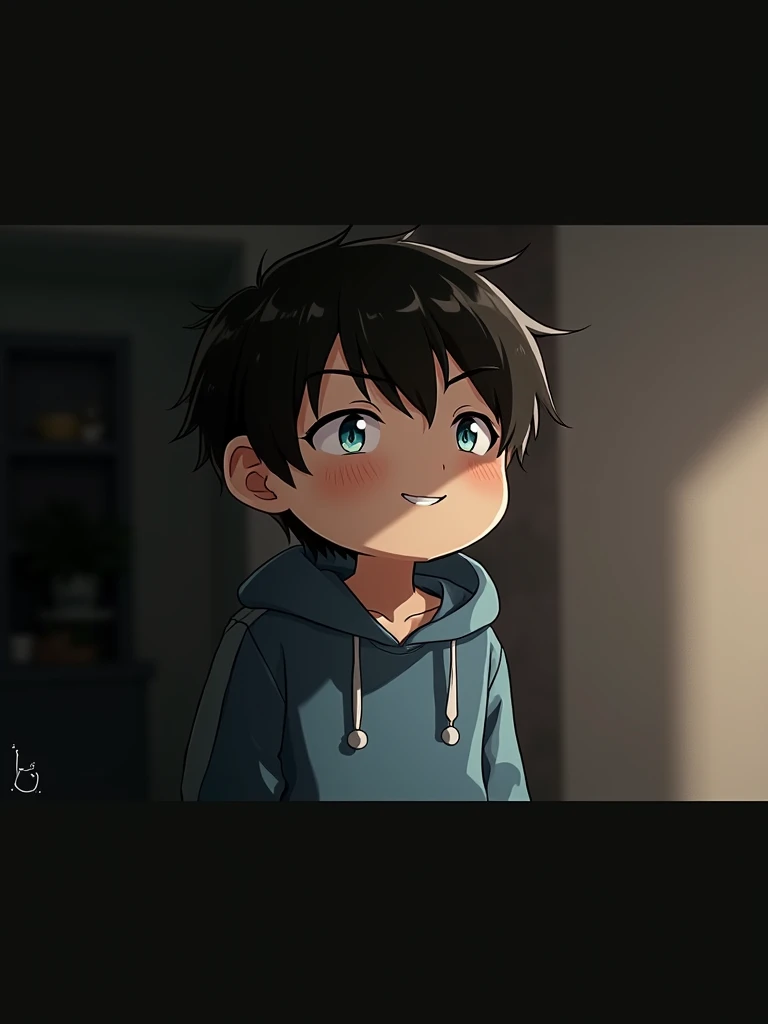 Create an anime style illustration. The character is in a chibi style. The character is a young man with short black hair and blue eyes. He is wearing a blue hoodie with a hood. The character has a slightly mischievous expression. He is smiling with one corner of his mouth turned up. The background is a simple light blue color. whole body