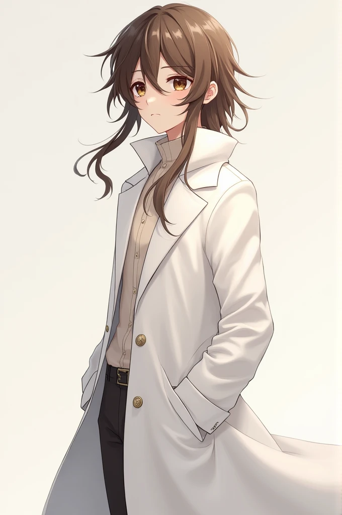 Brown haie anime boy white long coat