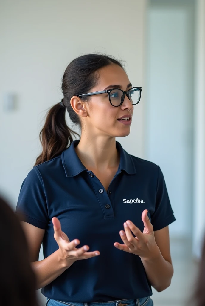 a one woman, with a ponytail wearing glasses as if explaining something, and she is in a room alone with white walls, with a navy blue polo shirt and has the name written on the right side of the chest "Sapelba", Brazilian. 