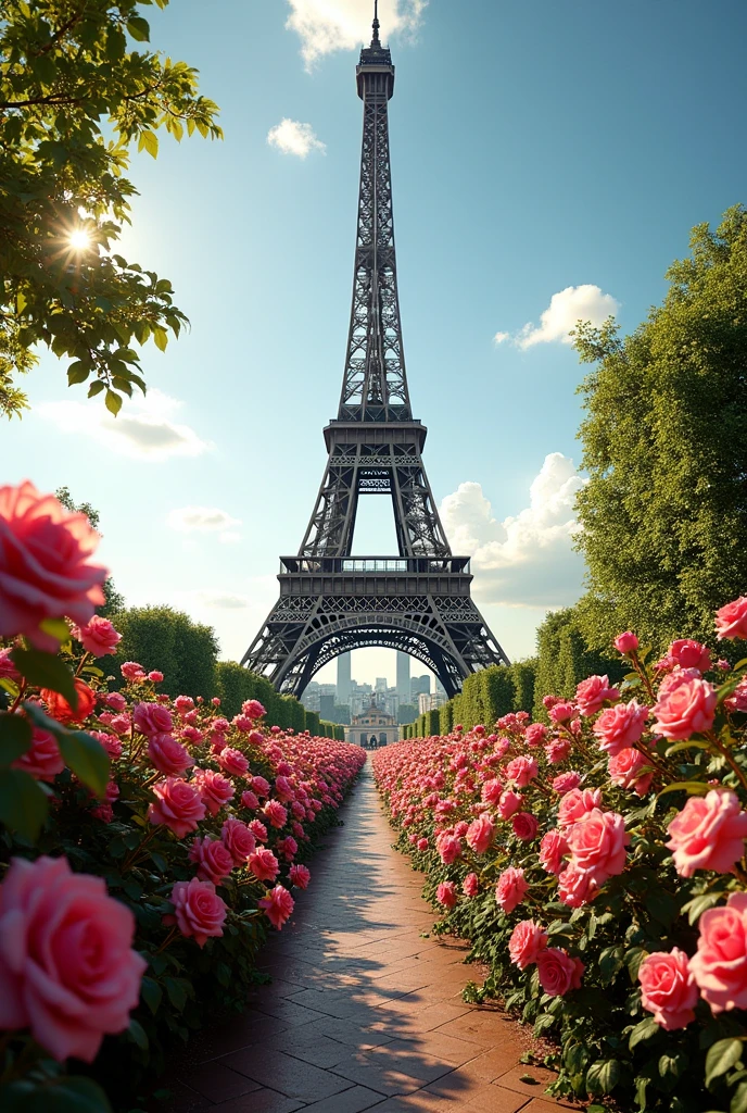 Eiffel tower surrounded by all color roses more realistic and more beautiful wide angle 4k ultra real