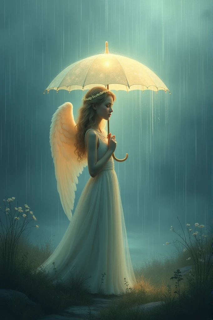 Angel under the rain with umbrella