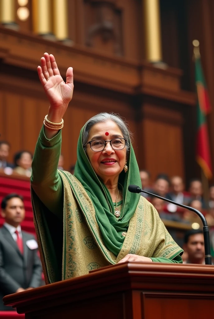 Sheikh hasina waiving her hand in air , parliament in background