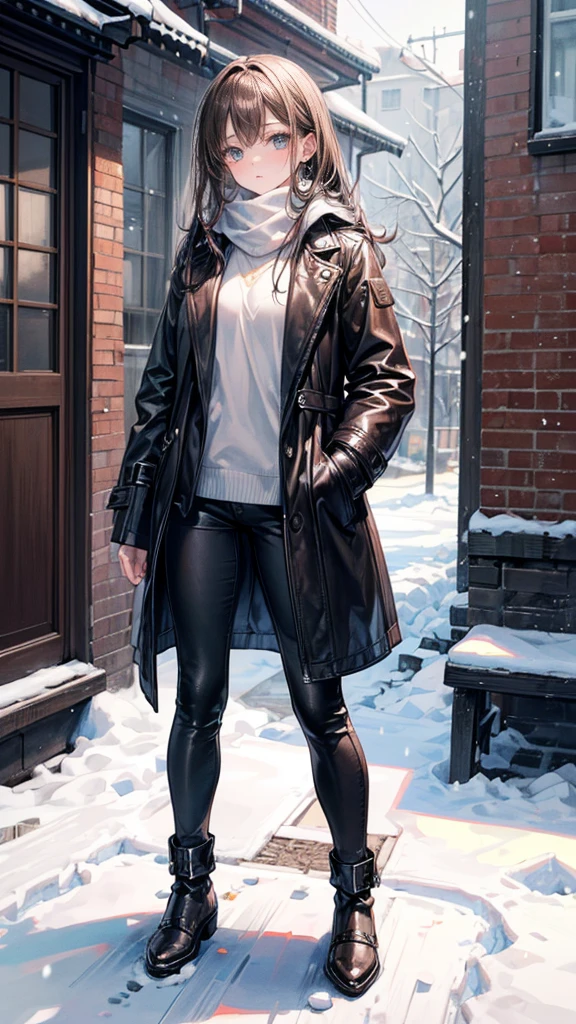 ((True best masterpiece, Ultimately perfect quality, Extremely delicate details)), ((Brown, Snowy, Winter)), A girl with a leather long coat, Wearing a pants, Full body