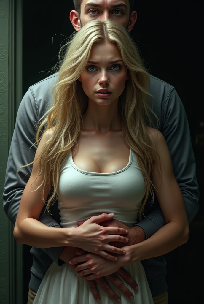 A girl with long blond hair and blue eyes. Dziewczyna została porwana i przetrzymywana. There's a guy standing behind her, he's got his hand across her stomach and is holding her tightly to himself.. The girl's face shows fear and pain..