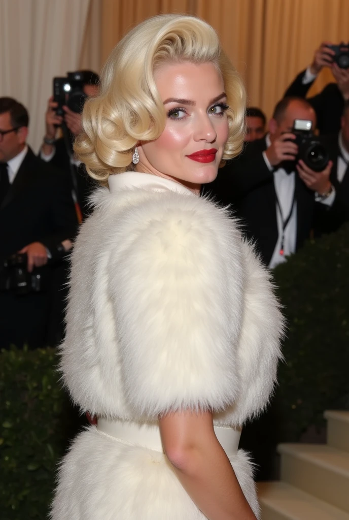 New York MET GALA event, puffy jacket, Marilyn Monroe, paparazzi behind, complete collar dress