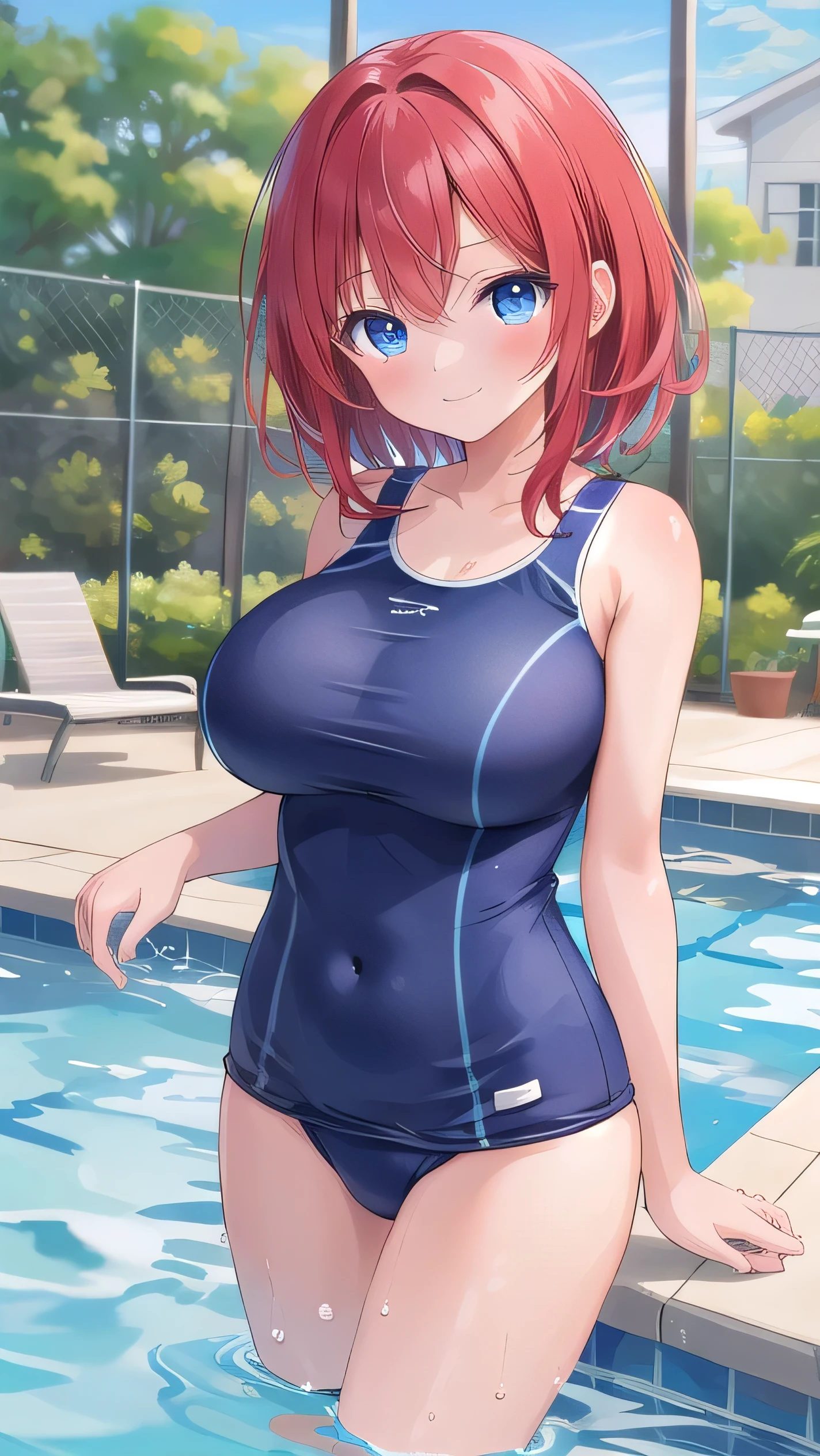 Big breasts, red hair, blue eyes, droopy eyes, naked, elementary school student, (super big breasts:1.1), (medium hair: 1), elementary school student, young face, short height, , shy Agari, slightly smiling, pool, straiht hair , (school swimsuit: 1),