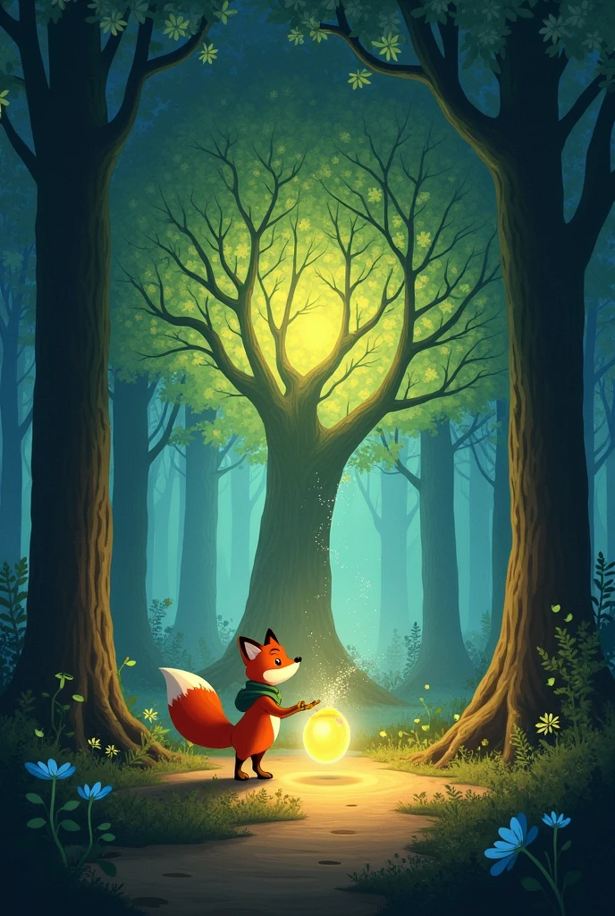 In a quiet forest, a young fox named Finn discovers a glowing, magical acorn. As he touches it, the forest transforms into a vibrant, enchanted world. Trees shimmer with colors, and friendly animals appear to celebrate with Finn. The acorn’s magic reveals an ancient, hidden path leading to a majestic tree at the forest’s heart. Finn reaches the tree, which grants him a single wish. With a heart full of hope, he wishes for the forest’s beauty to be shared with everyone. The forest glows even brighter, and Finn watches as the magic spreads to neighboring lands, making the world a little more wondrous.